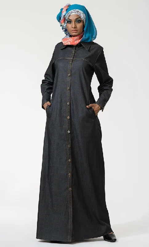 Front Open Button Down Denim Jilbab Abaya