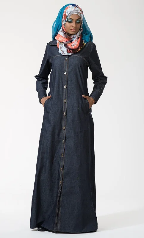 Front Open Button Down Denim Jilbab Abaya-Blue