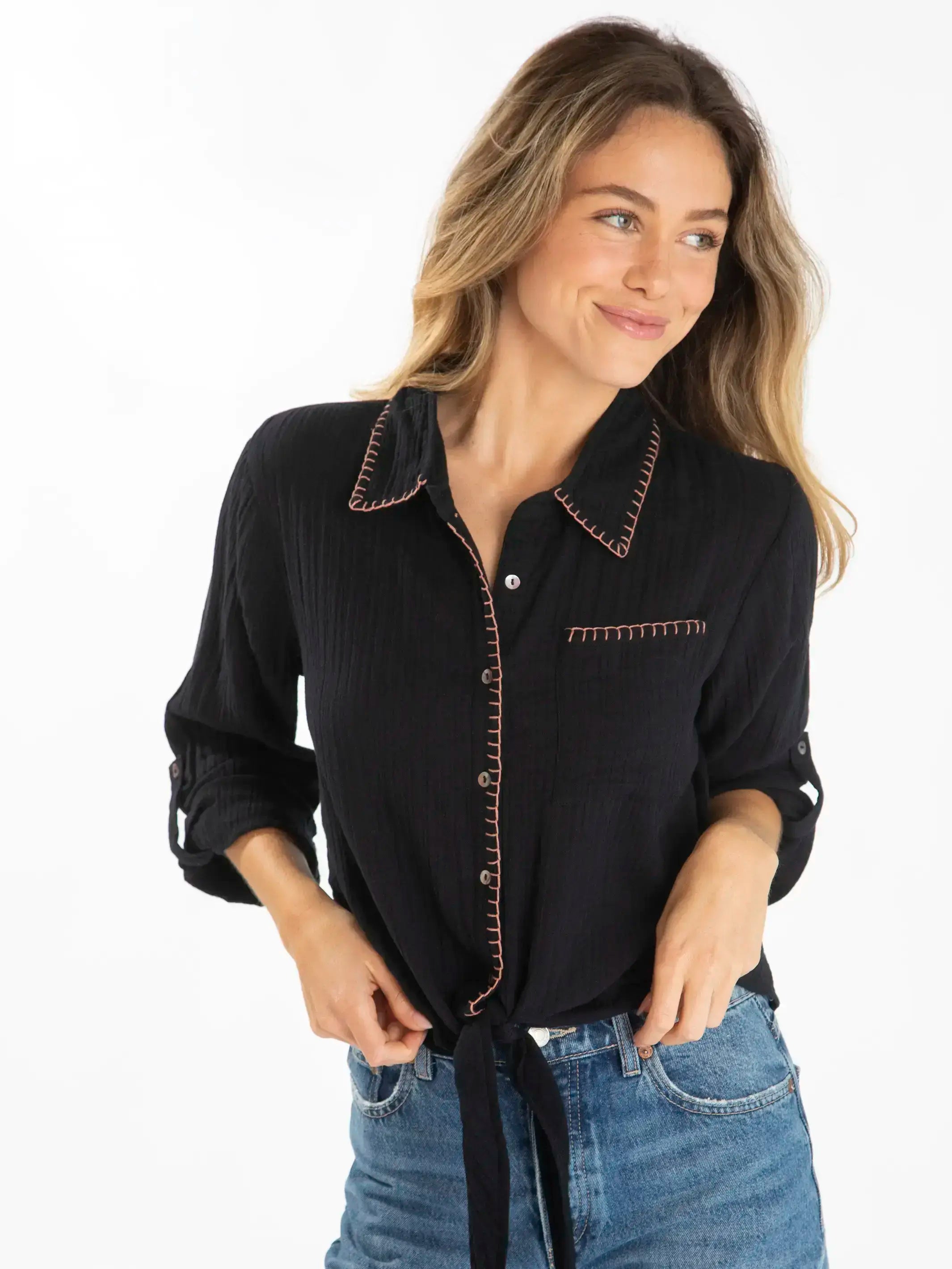 Lola Tie Button Down - Black