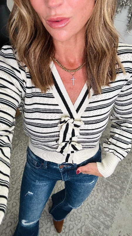 Double Take Full Size Striped Bow Decor Cropped Cardigan