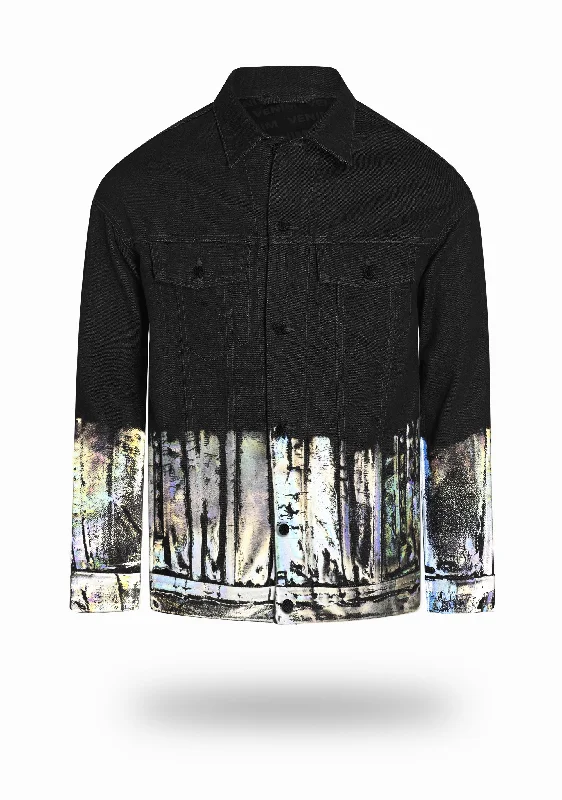 Longer Classic Black Denim Jacket with Holographic Foil
