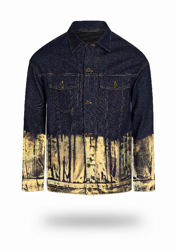 Longer Indigo Denim Jacket with Gold Holographic Foil