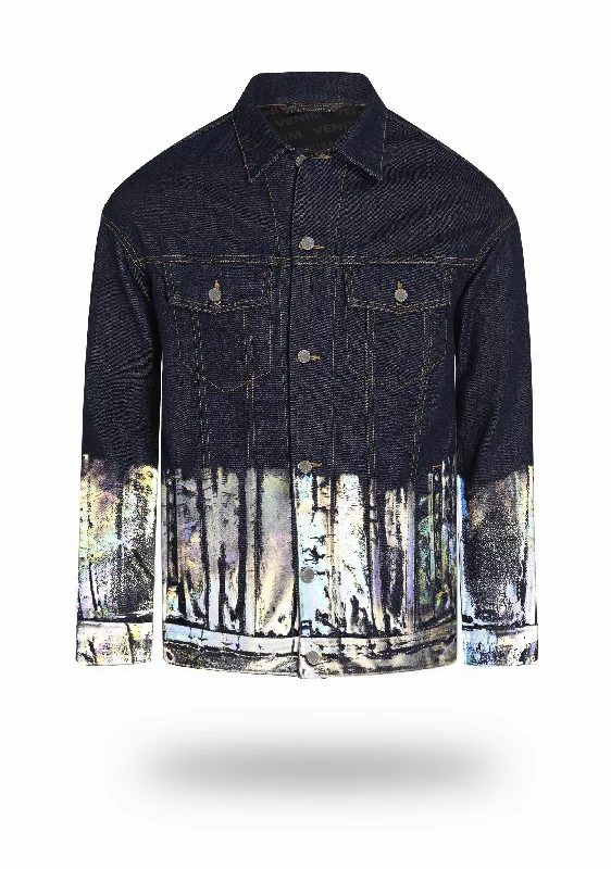 Longer Indigo Denim Jacket with Holographic Foil