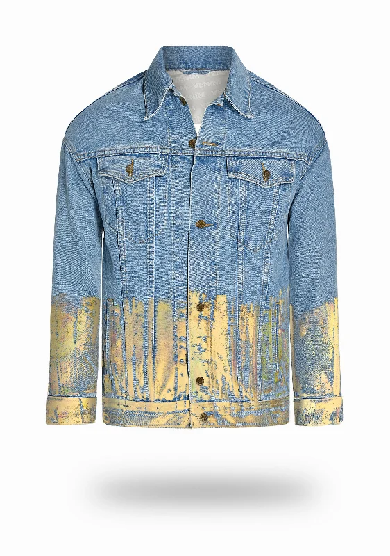 Longer Light Wash Denim Jacket with Gold Holographic Foil