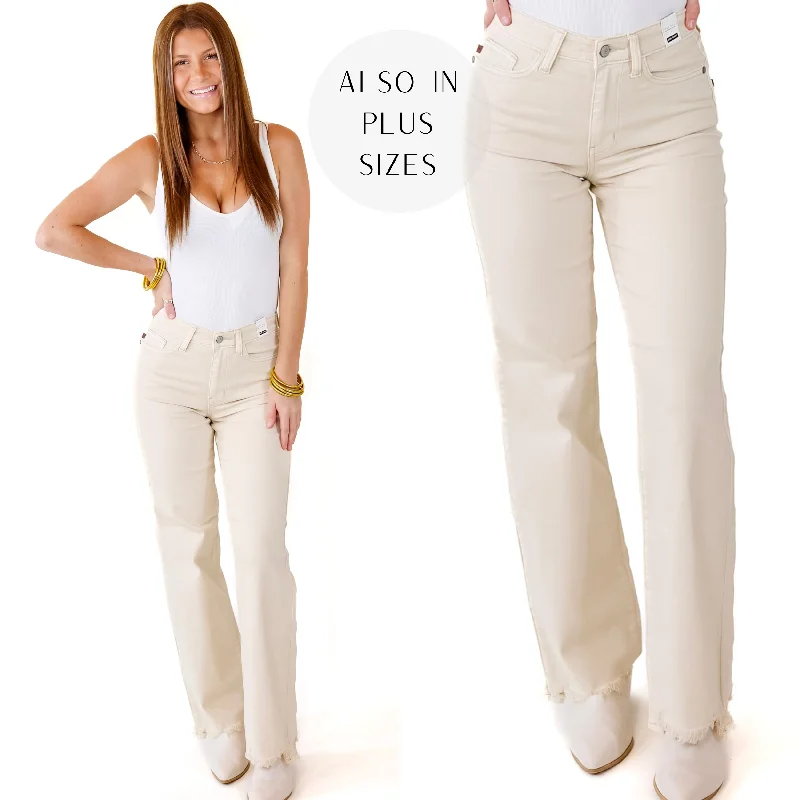 Last Chance Size 22W | Judy Blue | New Attention 90's Destroy Hem Straight Leg Jeans in Light Khaki Last Chance Size 22W | Judy Blue | New Attention 90's Destroy Hem Straight Leg Jeans in Light Khaki