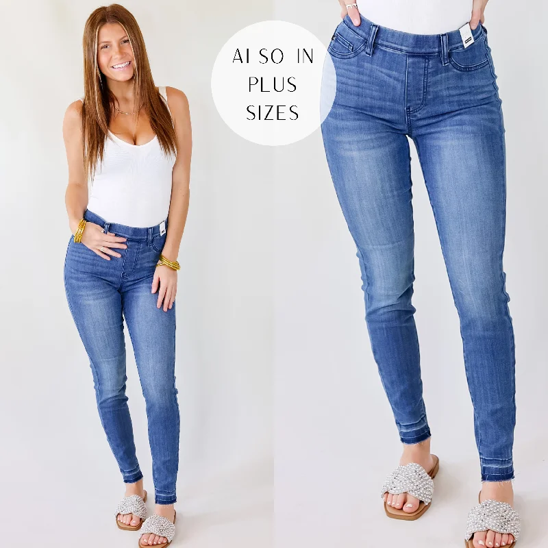 Last Chance Size 0, 1, 3, 5, 7, 20W & 22W | Judy Blue | Free To Dream Elastic Waist Pull On Skinny Jeans with Release Hem in Medium Wash Last Chance Size 0, 1, 3, 5, 7, 20W & 22W | Judy Blue | Free To Dream Elastic Waist Pull On Skinny Jeans with Release Hem in Medium Wash