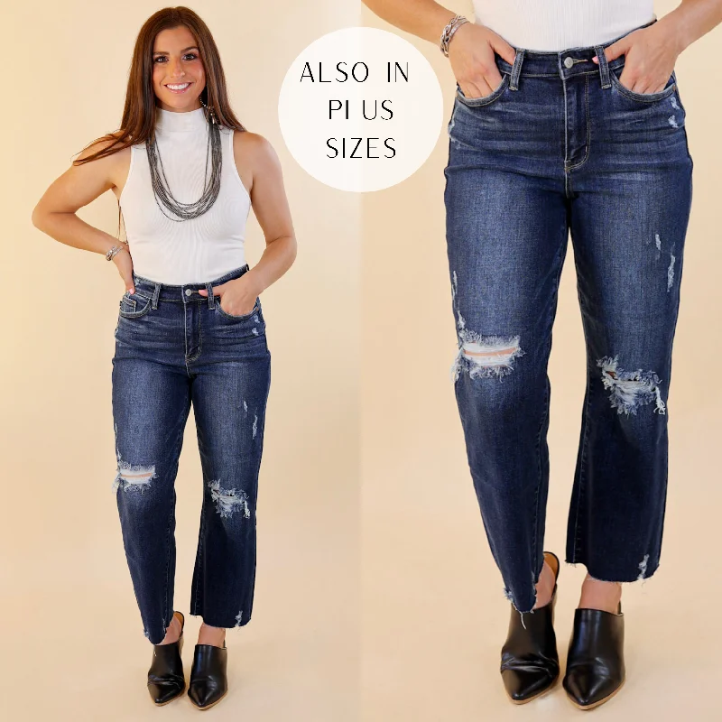 Last Chance Size 1, 3, 22W & 24W | Judy Blue | Grand Gesture Destroy Knee Cropped Wide Leg Jeans in Dark Wash Last Chance Size 1, 3, 22W & 24W | Judy Blue | Grand Gesture Destroy Knee Cropped Wide Leg Jeans in Dark Wash