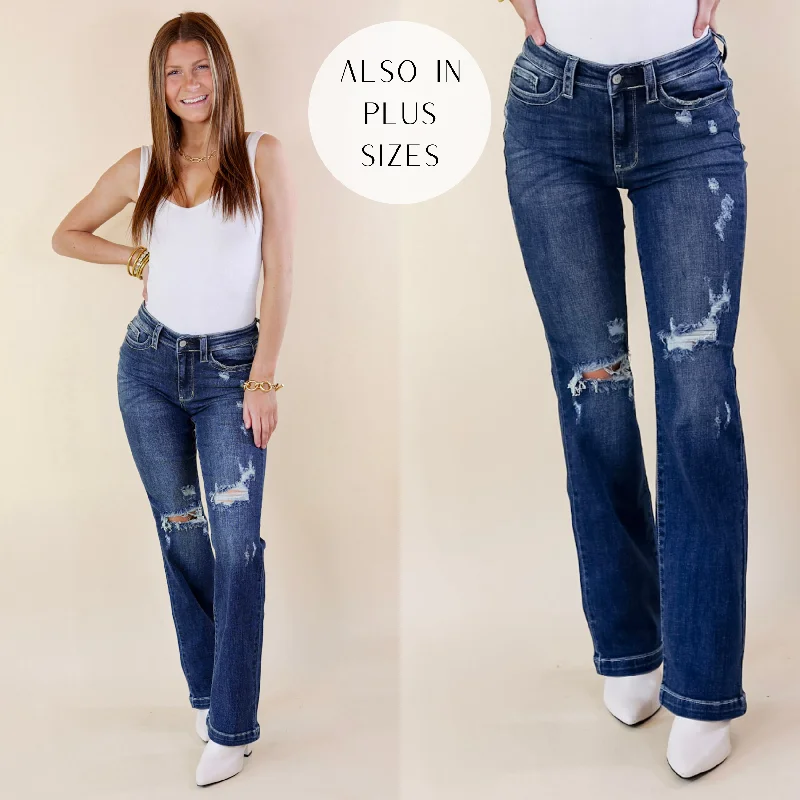 Last Chance Size 20W | Judy Blue | Mostly Magic Distressed Bootcut Jeans in Dark Wash Last Chance Size 20W | Judy Blue | Mostly Magic Distressed Bootcut Jeans in Dark Wash