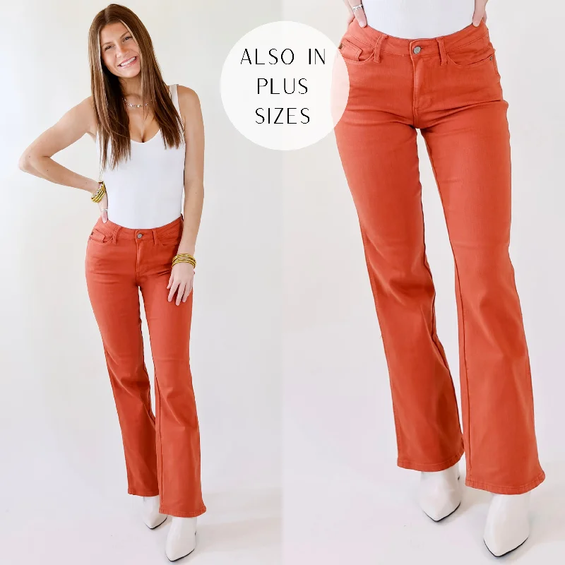 Last Chance Size 0, 9, 13, 15, 14W-24W | Judy Blue | Fall Crush Slim Boot Cut Jeans in Rust Orange Last Chance Size 0, 9, 13, 15, 14W-24W | Judy Blue | Fall Crush Slim Boot Cut Jeans in Rust Orange