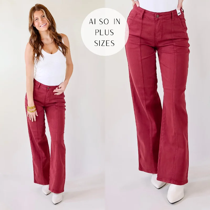 Last Chance Size 15, 14W-22W | Judy Blue | Day Dreamin' Wide Leg Jeans with Front Seam in Burgundy Red Last Chance Size 15, 14W-22W | Judy Blue | Day Dreamin' Wide Leg Jeans with Front Seam in Burgundy Red