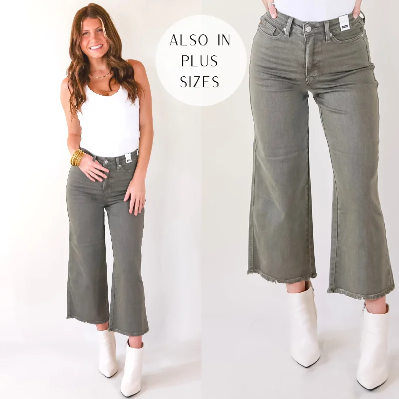 Last Chance Size 0 | Judy Blue | Sign Me Up Tummy Control Cropped Wide Leg Jeans in Olive Green Last Chance Size 0 | Judy Blue | Sign Me Up Tummy Control Cropped Wide Leg Jeans in Olive Green