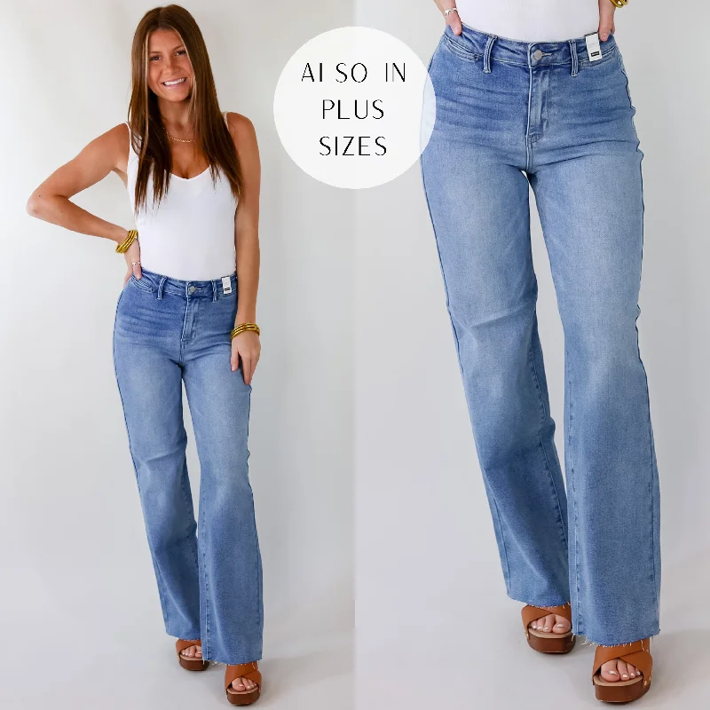 Last Chance Size 22W | Judy Blue | Tell Me More Wide Leg Jeans with Raw Hem in Light Wash Last Chance Size 22W | Judy Blue | Tell Me More Wide Leg Jeans with Raw Hem in Light Wash