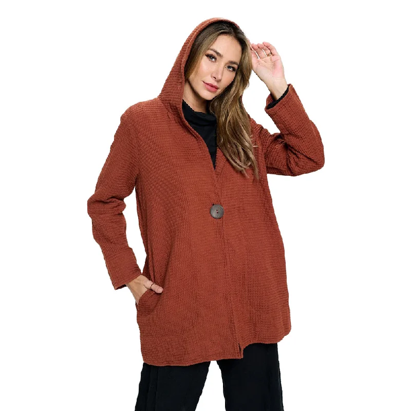 Focus Long On-Button Waffle Hoody Jacket in Clay Red - FW138-CLR