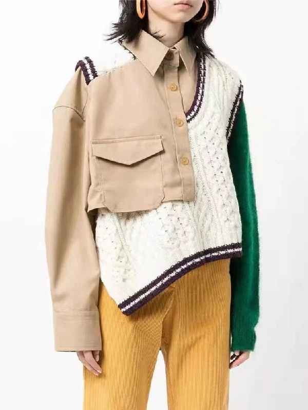 Stitching Woolen Personality Irregular Sweater Jacket Coat Short Windbreaker Top